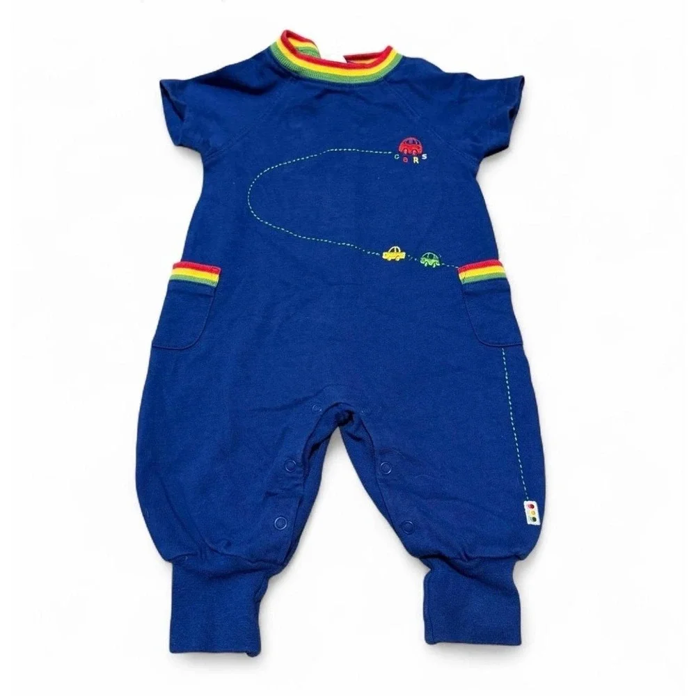 VTG Gymboree Baby Cars Romper 0-3 Months Blue Rainbow Trim Embroidered One Piece